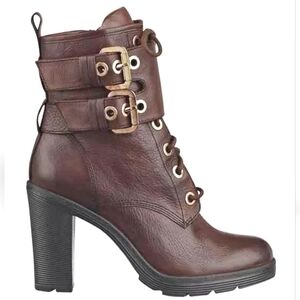 Guess Finlay Stacked Heel Buckle Moto Boot Faux Leather Bootie Zipper Lace Up 6